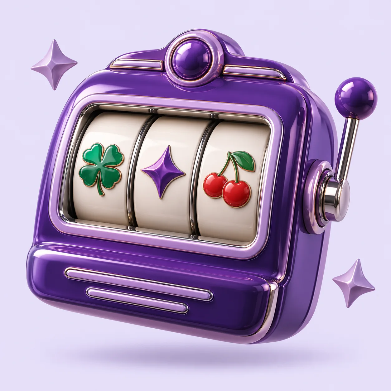 Sculptural violet slot machine with a green clover, star and cherries